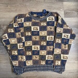 Northern Isles Hand Knitted Patchwork Sweater Mens M Blue Brown Cotton Ramie